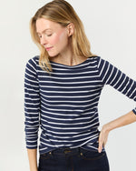 Load image into Gallery viewer, Long-Sleeved Boatneck Tee in Navy/White Stripe Pima Cotton