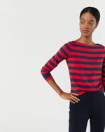 Load image into Gallery viewer, Long-Sleeved Boatneck Tee in Red/Navy Stripe Pima Cotton