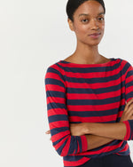 Load image into Gallery viewer, Long-Sleeved Boatneck Tee in Red/Navy Stripe Pima Cotton