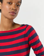 Load image into Gallery viewer, Long-Sleeved Boatneck Tee in Red/Navy Stripe Pima Cotton