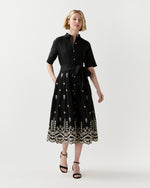 Load image into Gallery viewer, Short-Sleeved Classic Shirtwaist Dress in Black/Ivory Embroidered Eyelet Chambray