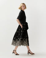 Load image into Gallery viewer, Short-Sleeved Classic Shirtwaist Dress in Black/Ivory Embroidered Eyelet Chambray