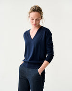 Load image into Gallery viewer, Kate V-Neck Sweater in Navy Escorial Wool