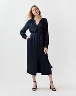Load image into Gallery viewer, Trapunto Neck Dress in Navy Silk Crepe De Chine