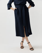 Load image into Gallery viewer, Trapunto Neck Dress in Navy Silk Crepe De Chine