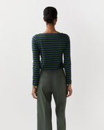 Load image into Gallery viewer, Long-Sleeved Boatneck Tee in Navy/Green Stripe Jersey