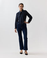 Load image into Gallery viewer, Tie-Neck Blouse in Navy/Ivory Pin Dot Silk Double Georgette