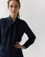 Load image into Gallery viewer, Tie-Neck Blouse in Navy/Ivory Pin Dot Silk Double Georgette