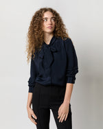 Load image into Gallery viewer, Tie-Neck Blouse in Navy Silk Crepe de Chine
