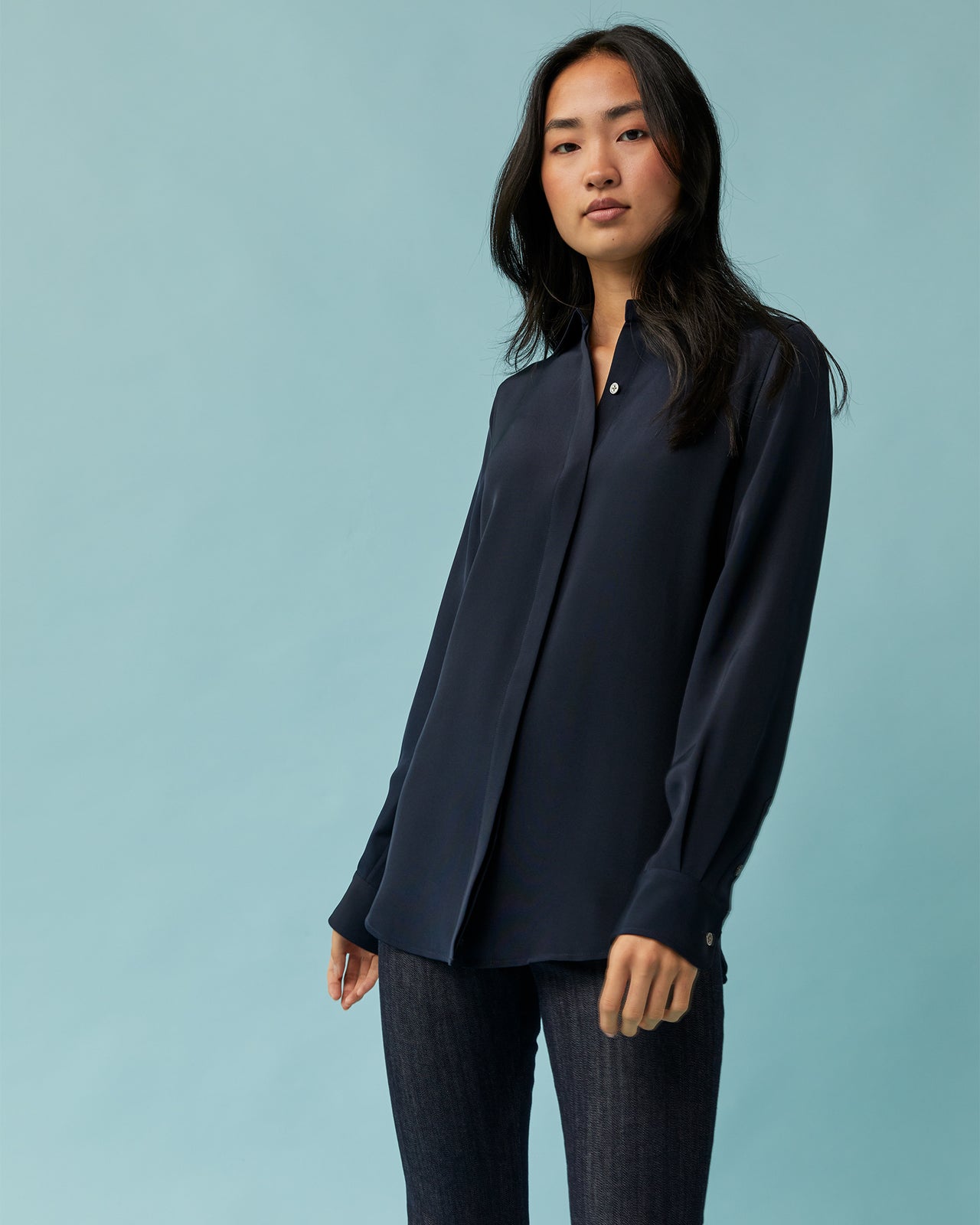 Classic Blouse in Navy Silk Crepe de Chine