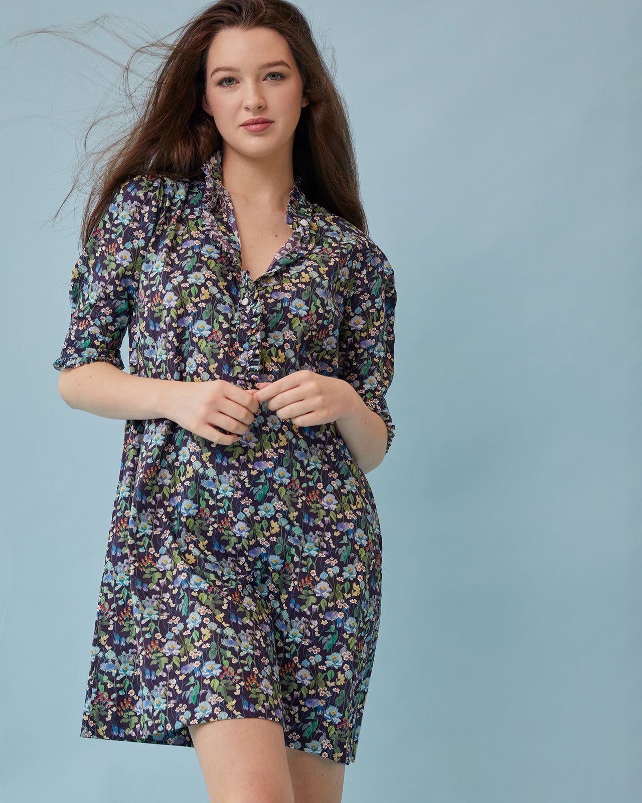 Elbow-Sleeved Frill Dress in Navy/Multi Fairytale Forest Liberty Fabric