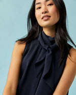 Load image into Gallery viewer, Sleeveless Tie-Neck Blouse in Navy Silk Crepe de Chine
