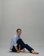 Load image into Gallery viewer, Lara Knit Flare Cropped Pant in Navy Supima Cotton
