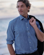 Load image into Gallery viewer, French-Cuff Pleated Bib-Front Tuxedo Shirt in Extra Light Washed Chambray

