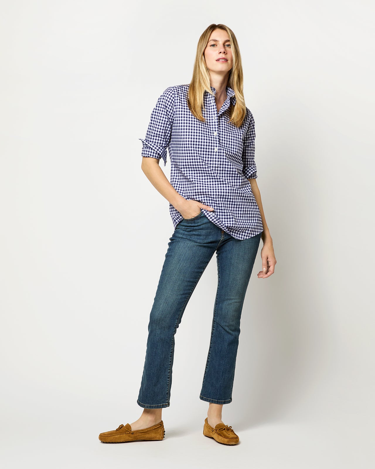 Tomboy Popover Shirt in Navy Gingham Poplin