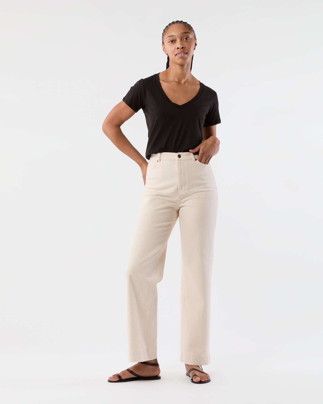 Short-Sleeved Deep-V Tee in Black Pima Cotton