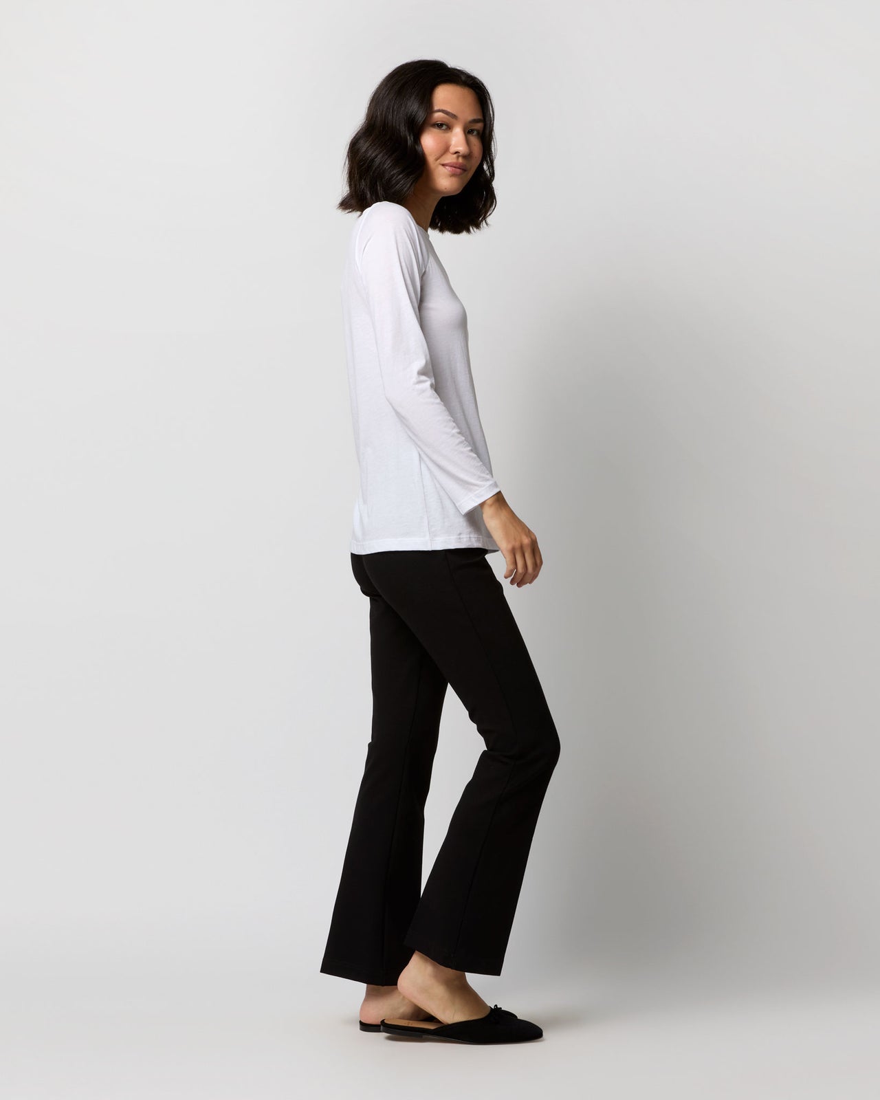 Long-Sleeved Boatneck Tee in White Pima Cotton