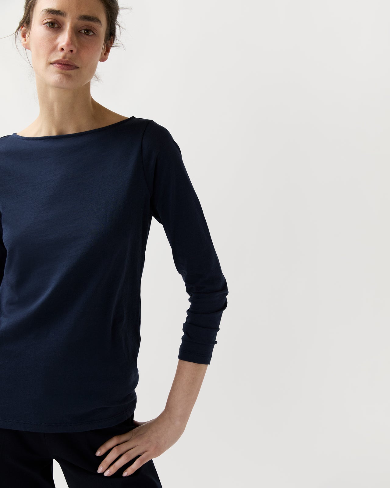 Long-Sleeved Boatneck Tee in Navy Pima Cotton