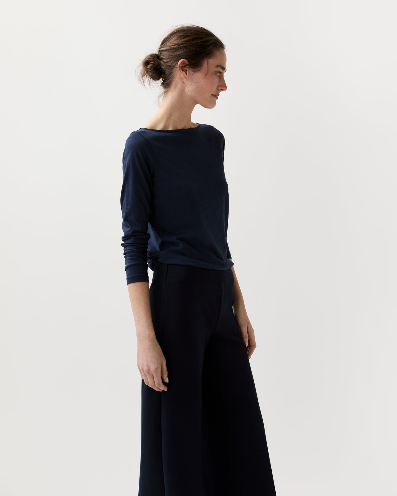 Long-Sleeved Boatneck Tee in Navy Pima Cotton