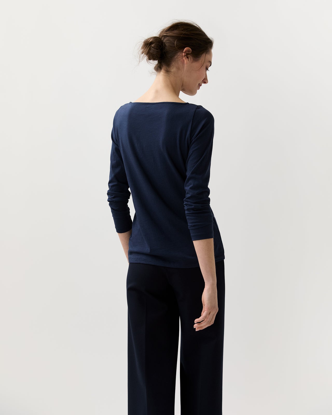 Long-Sleeved Boatneck Tee in Navy Pima Cotton