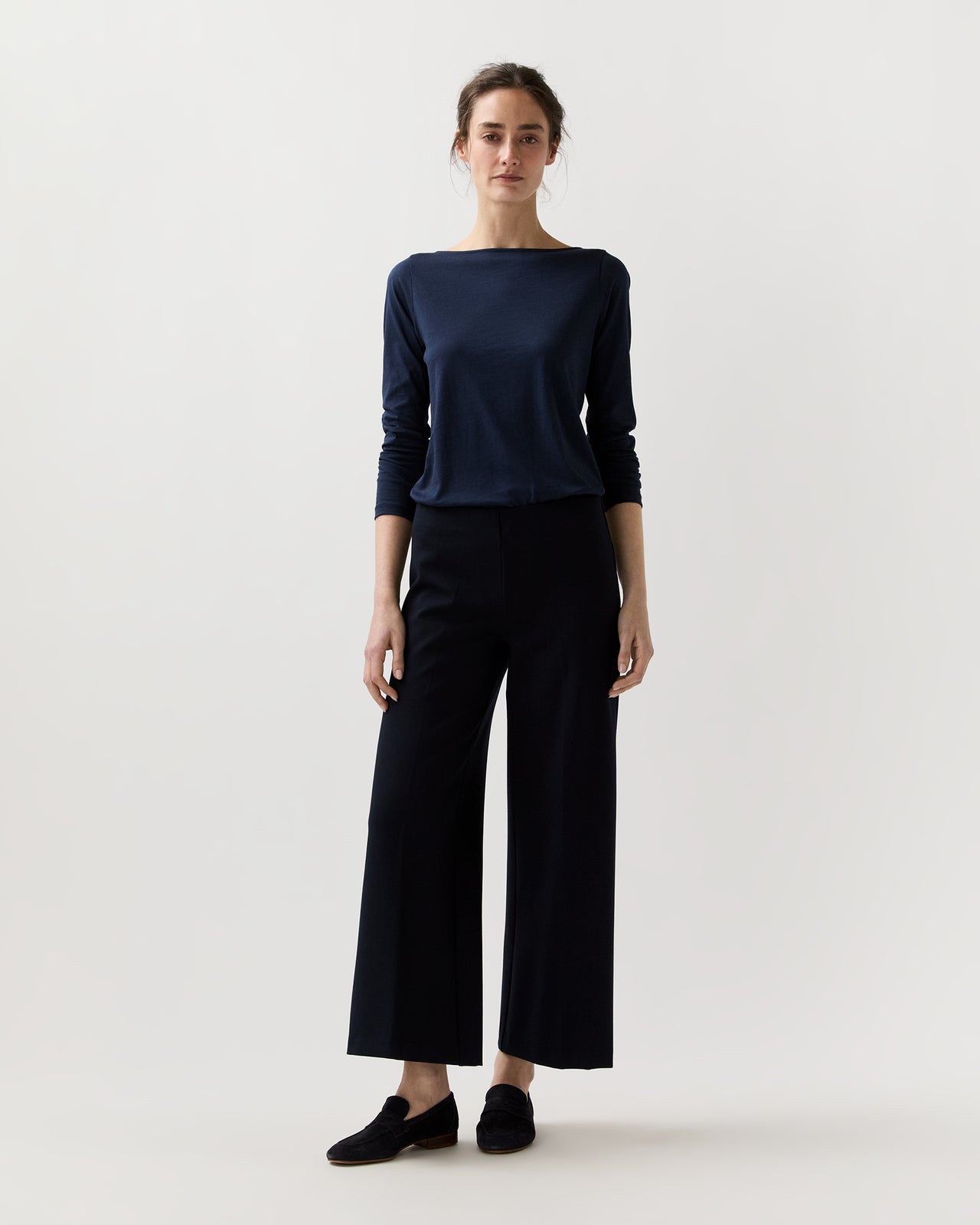 Long-Sleeved Boatneck Tee in Navy Pima Cotton
