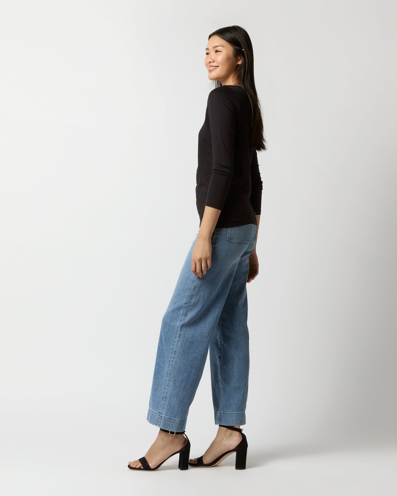 Long-Sleeved Boatneck Tee in Black Pima Cotton