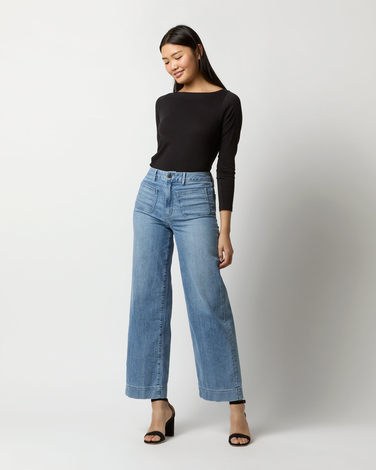 Long-Sleeved Boatneck Tee in Black Pima Cotton