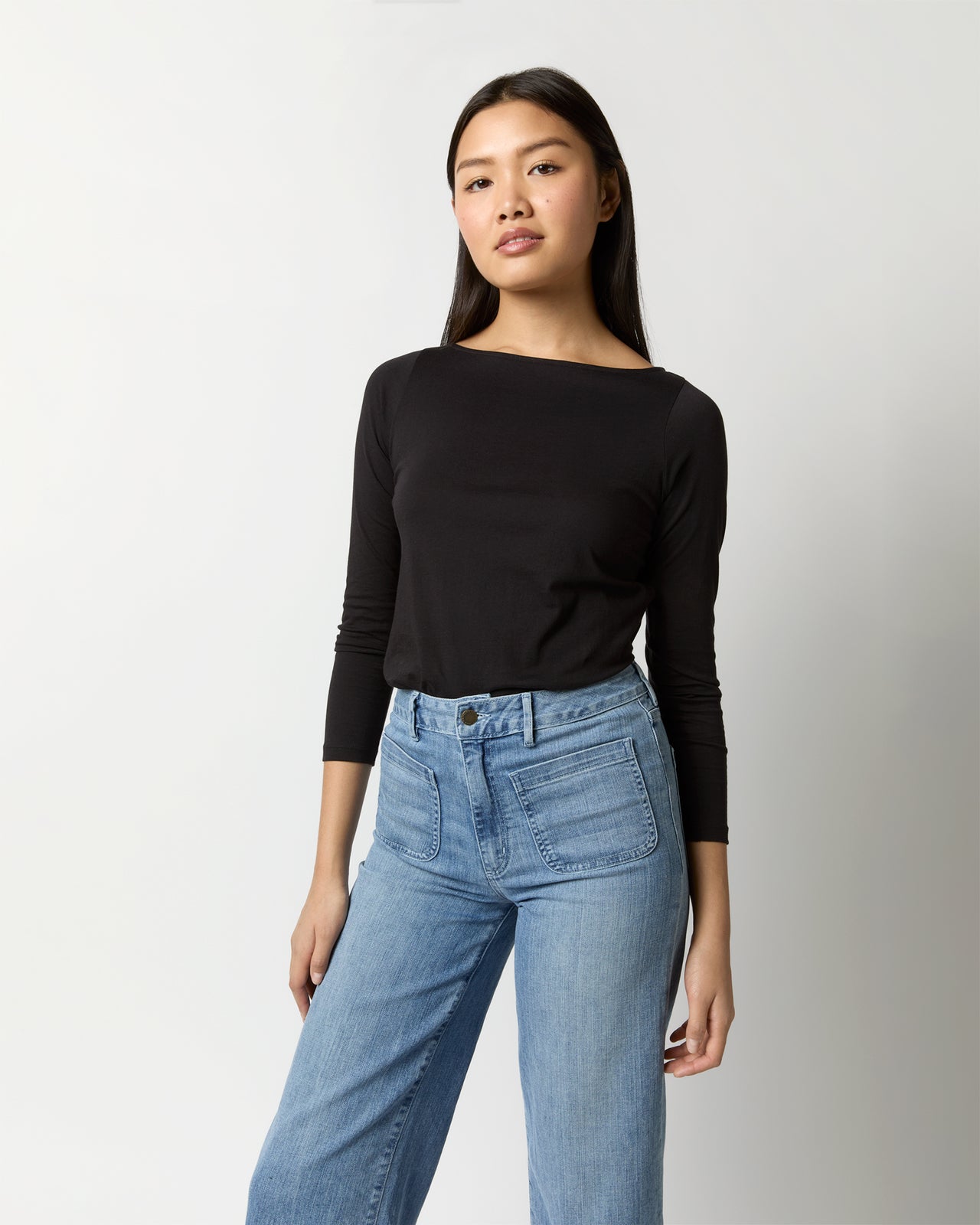 Long-Sleeved Boatneck Tee in Black Pima Cotton