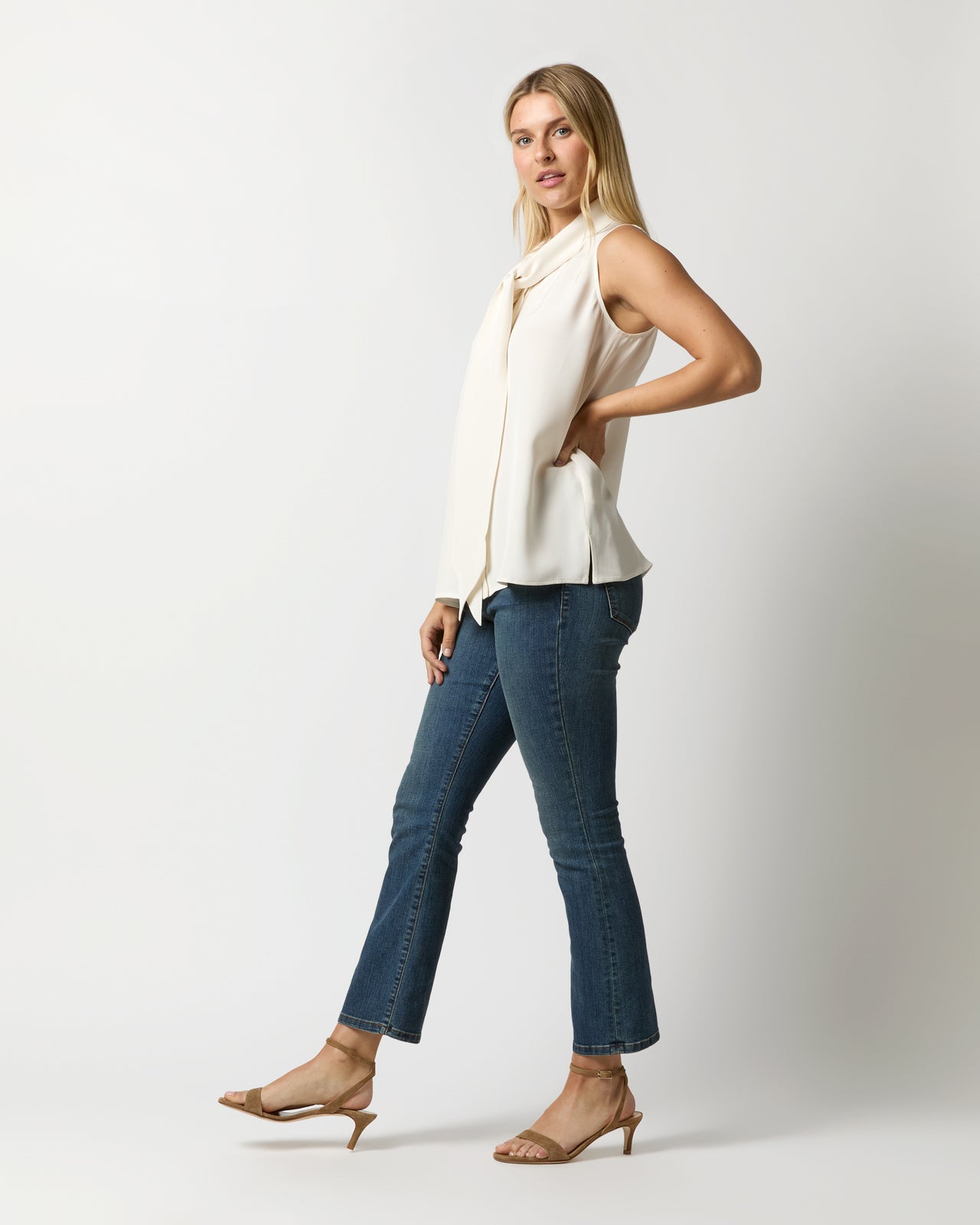 Sleeveless Tie-Neck Blouse in Ivory Silk Crepe de Chine