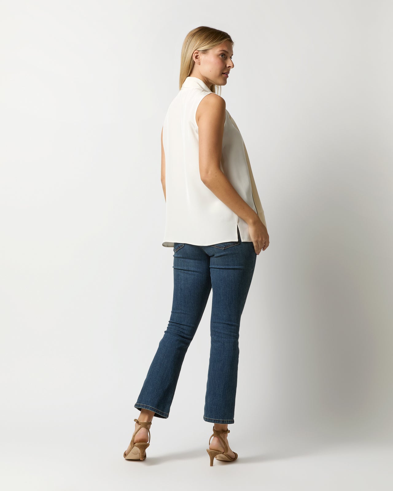 Sleeveless Tie-Neck Blouse in Ivory Silk Crepe de Chine