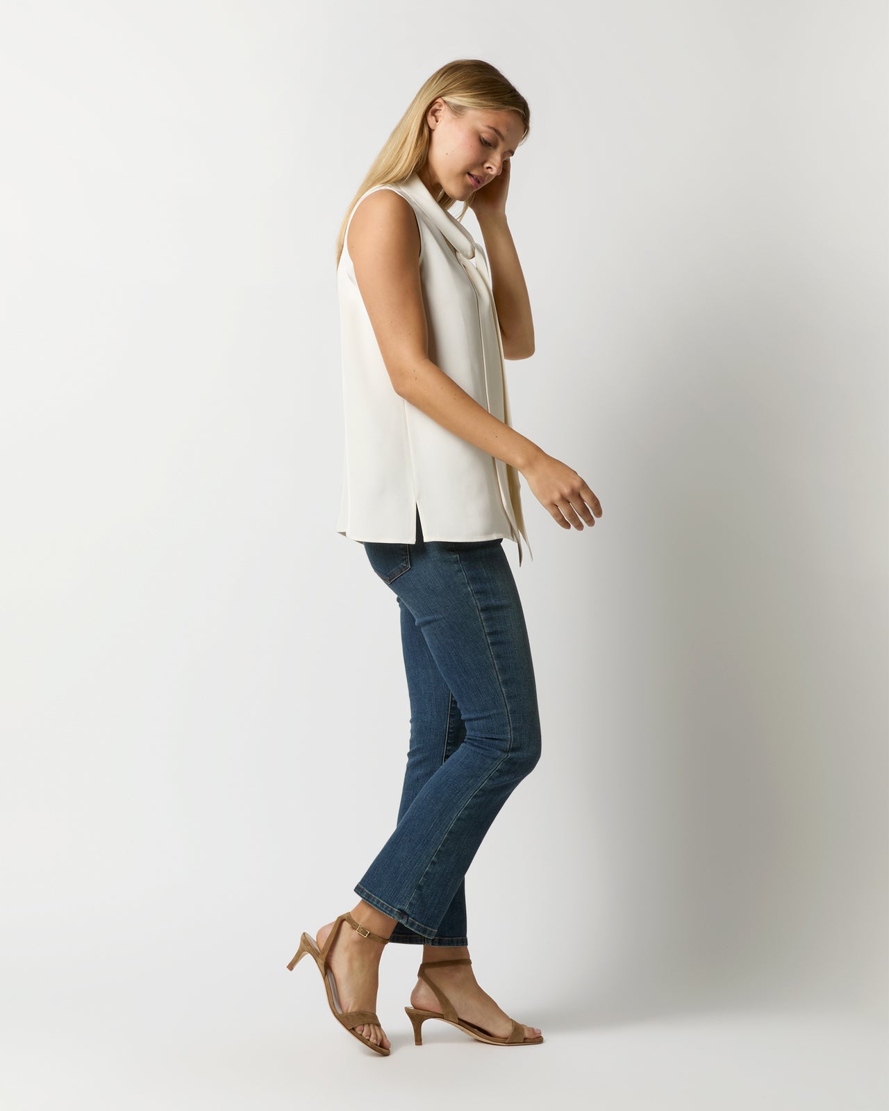 Sleeveless Tie-Neck Blouse in Ivory Silk Crepe de Chine