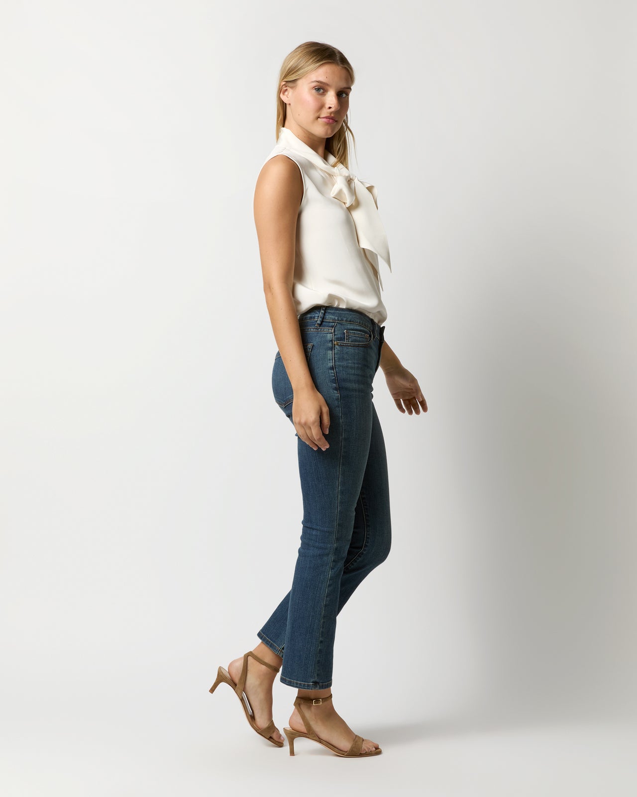 Sleeveless Tie-Neck Blouse in Ivory Silk Crepe de Chine