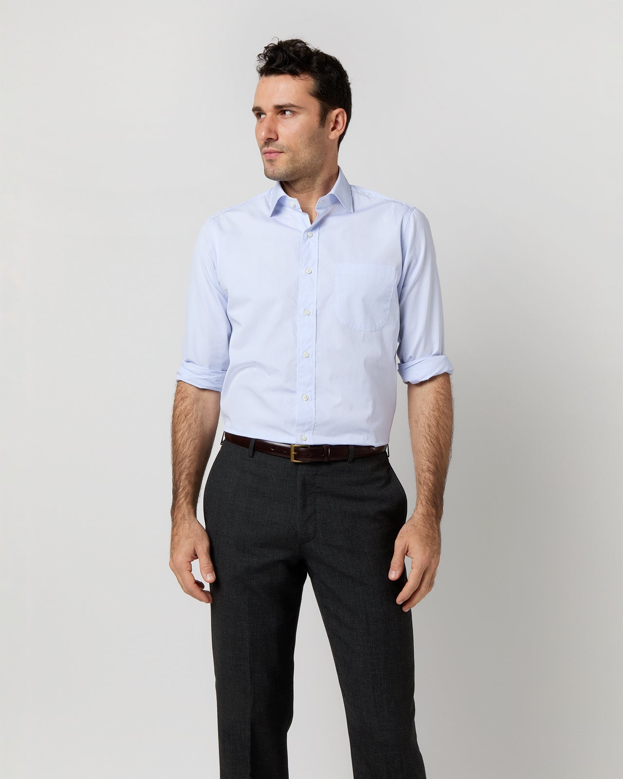 Spread Collar Dress Shirt in Sky Small Bengal Stripe Poplin
