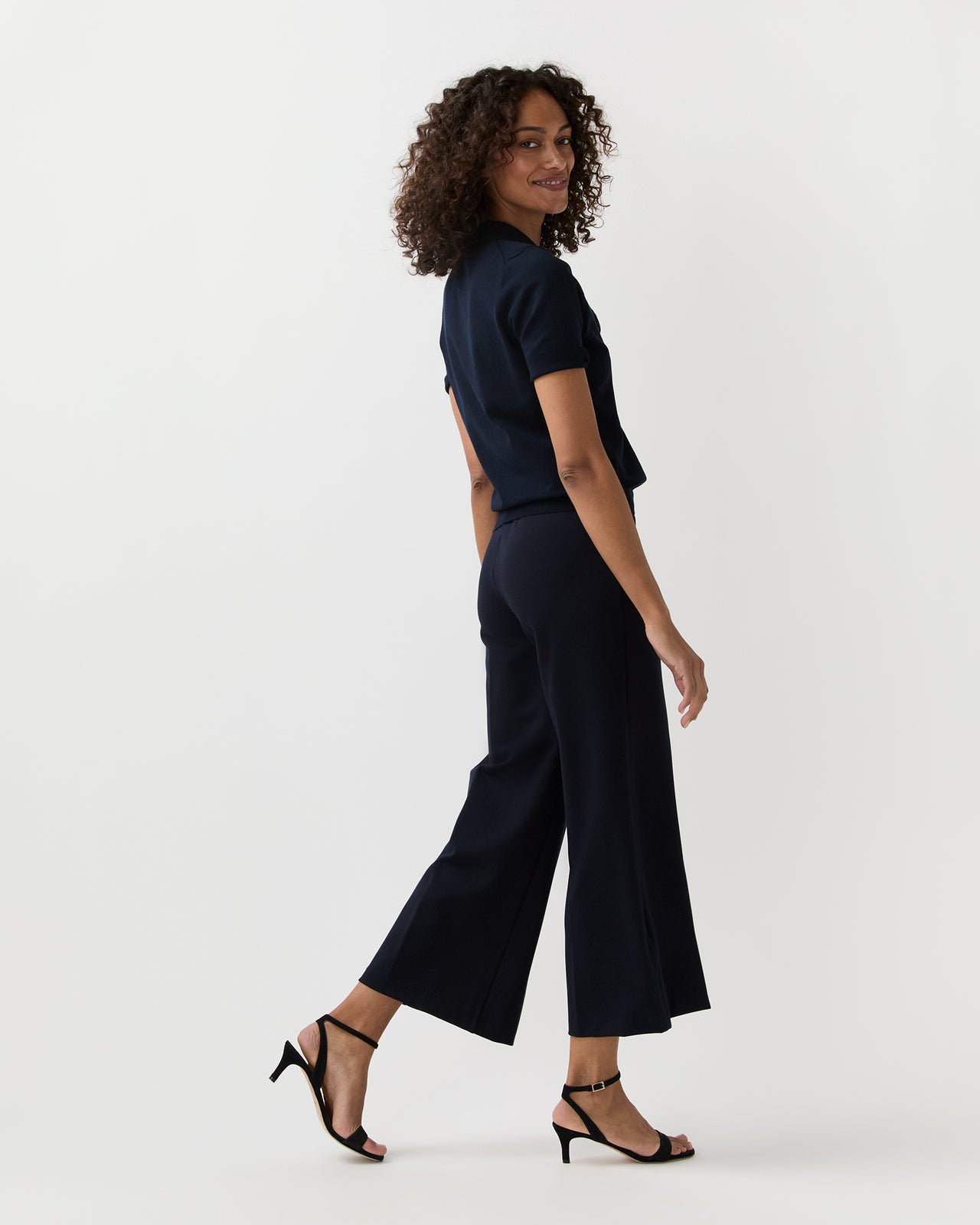 Faye Wide-Leg Cropped Pant in Navy Ponte Knit