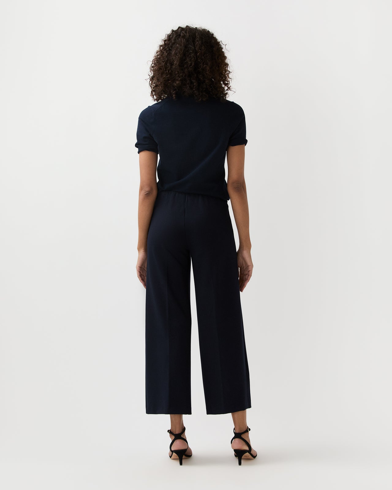 Faye Wide-Leg Cropped Pant in Navy Ponte Knit
