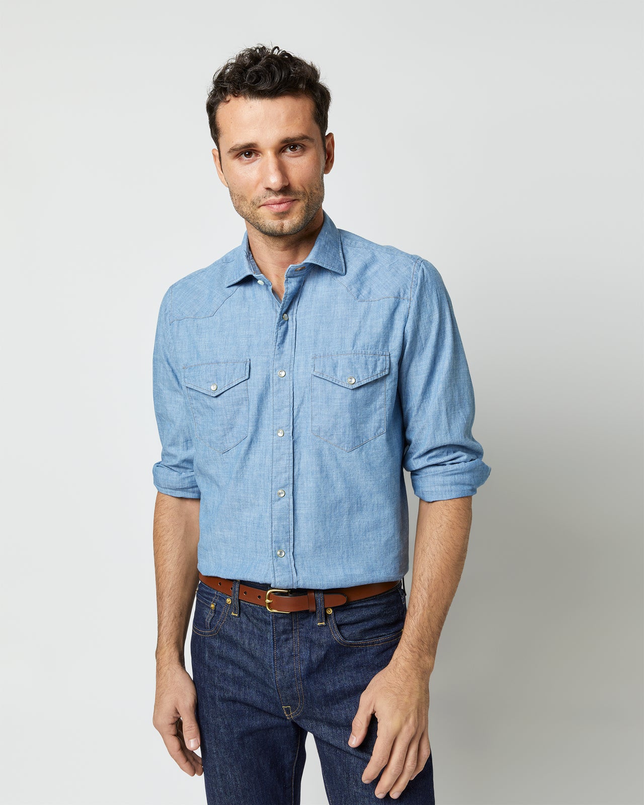 Western Work Shirt in Extra Light Washed Indigo Chambray