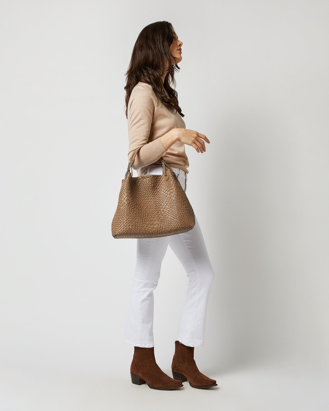 Cate Handwoven Satchel Bag in Dark Taupe Leather