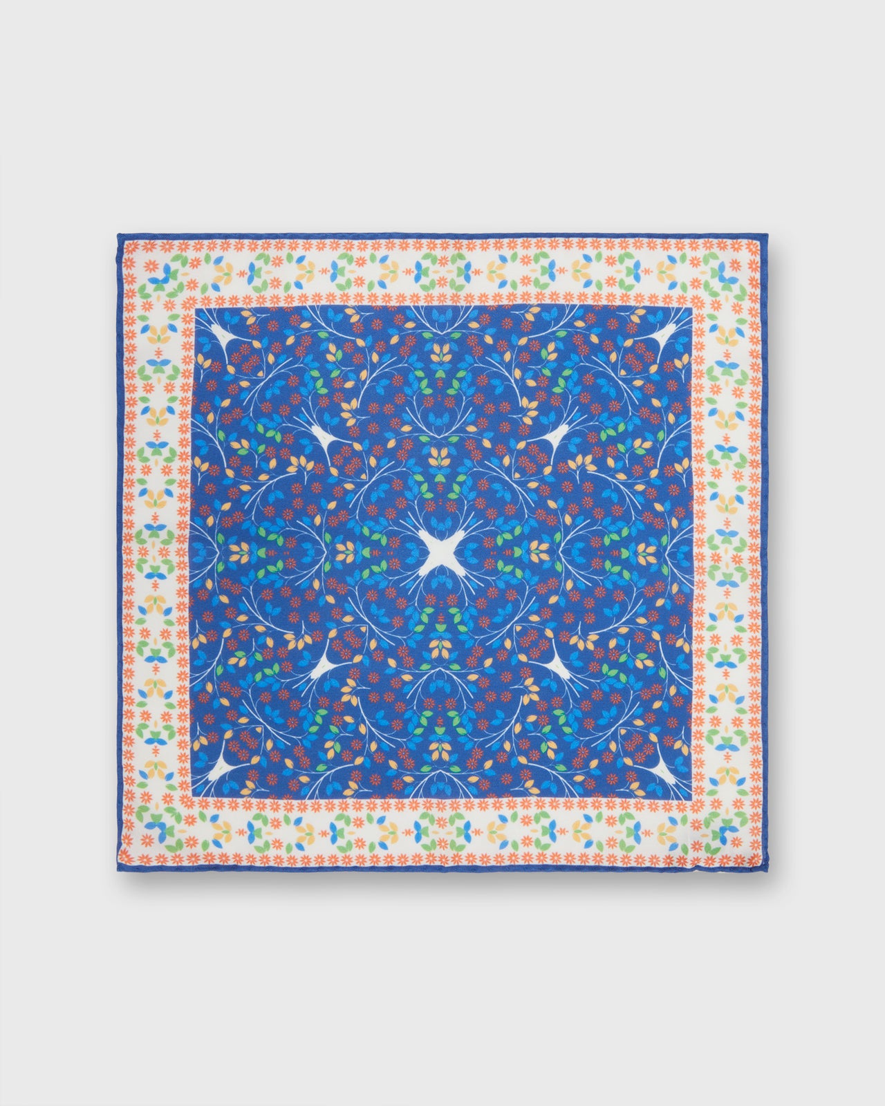 Hand-Rolled Cotton/Linen Pocket Square in Blue/Orange Multi Florals