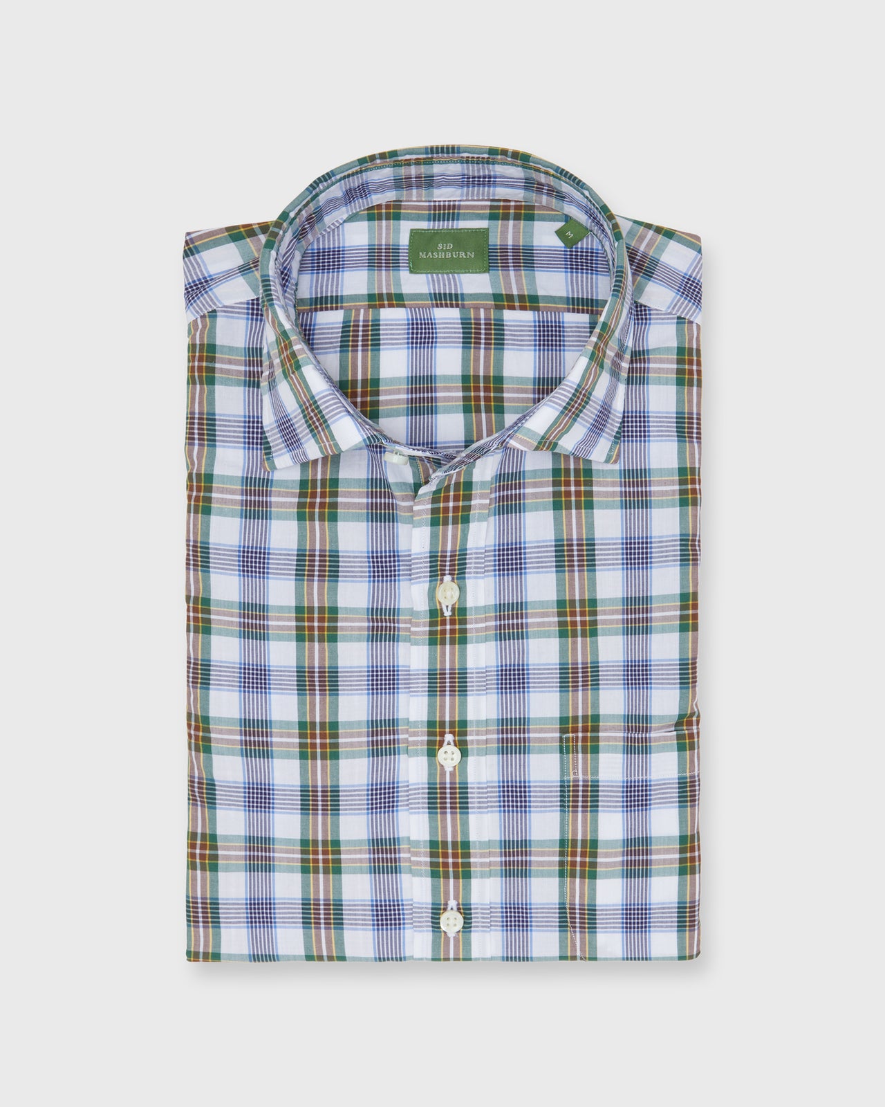 Spread Collar Sport Shirt in Green/Brown/Blue Plaid Poplin