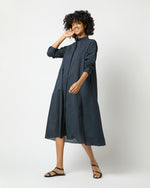 Load image into Gallery viewer, Long-Sleeved Gianna Dress in Navy/Green Small Dot Seersucker
