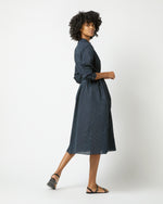 Load image into Gallery viewer, Long-Sleeved Gianna Dress in Navy/Green Small Dot Seersucker
