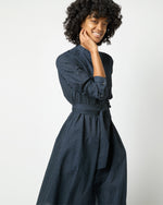 Load image into Gallery viewer, Long-Sleeved Gianna Dress in Navy/Green Small Dot Seersucker

