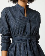 Load image into Gallery viewer, Long-Sleeved Gianna Dress in Navy/Green Small Dot Seersucker
