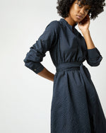 Load image into Gallery viewer, Long-Sleeved Gianna Dress in Navy/Green Small Dot Seersucker
