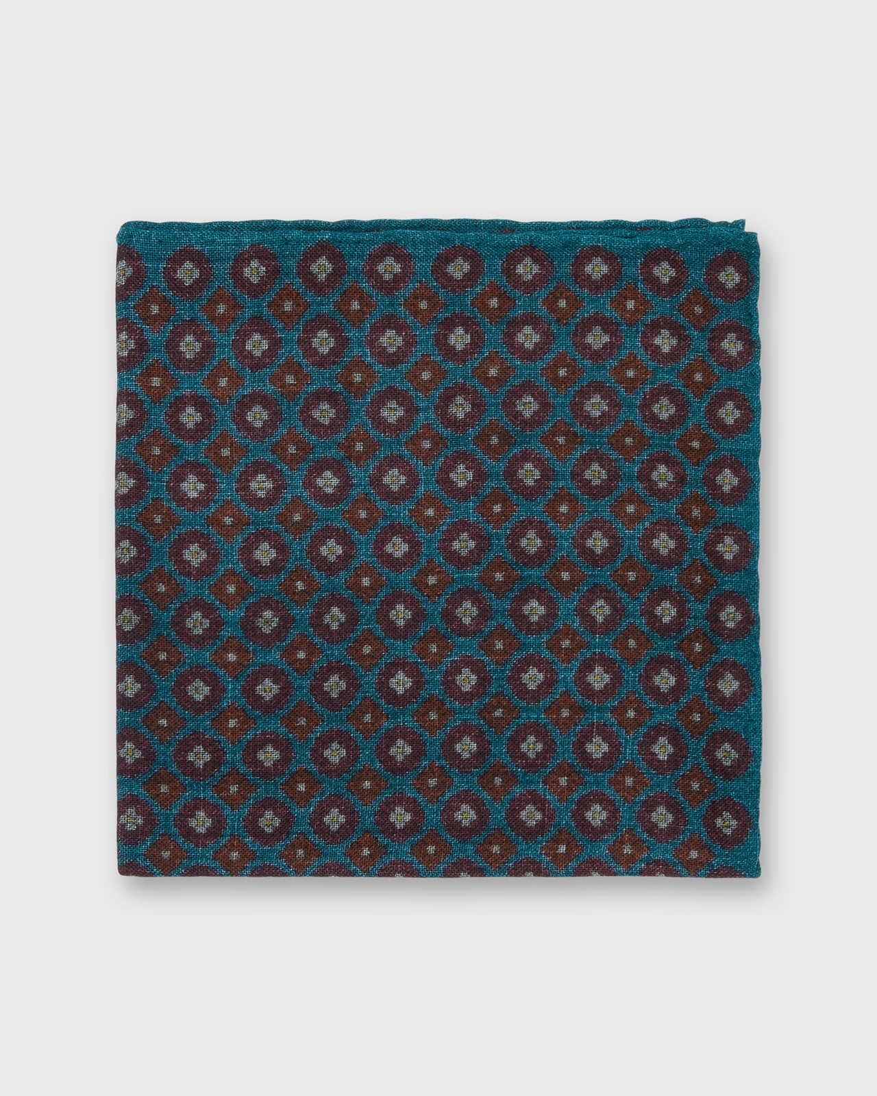 Hand-Rolled Wool/Silk Pocket Square in Lovat/Brown Medallion