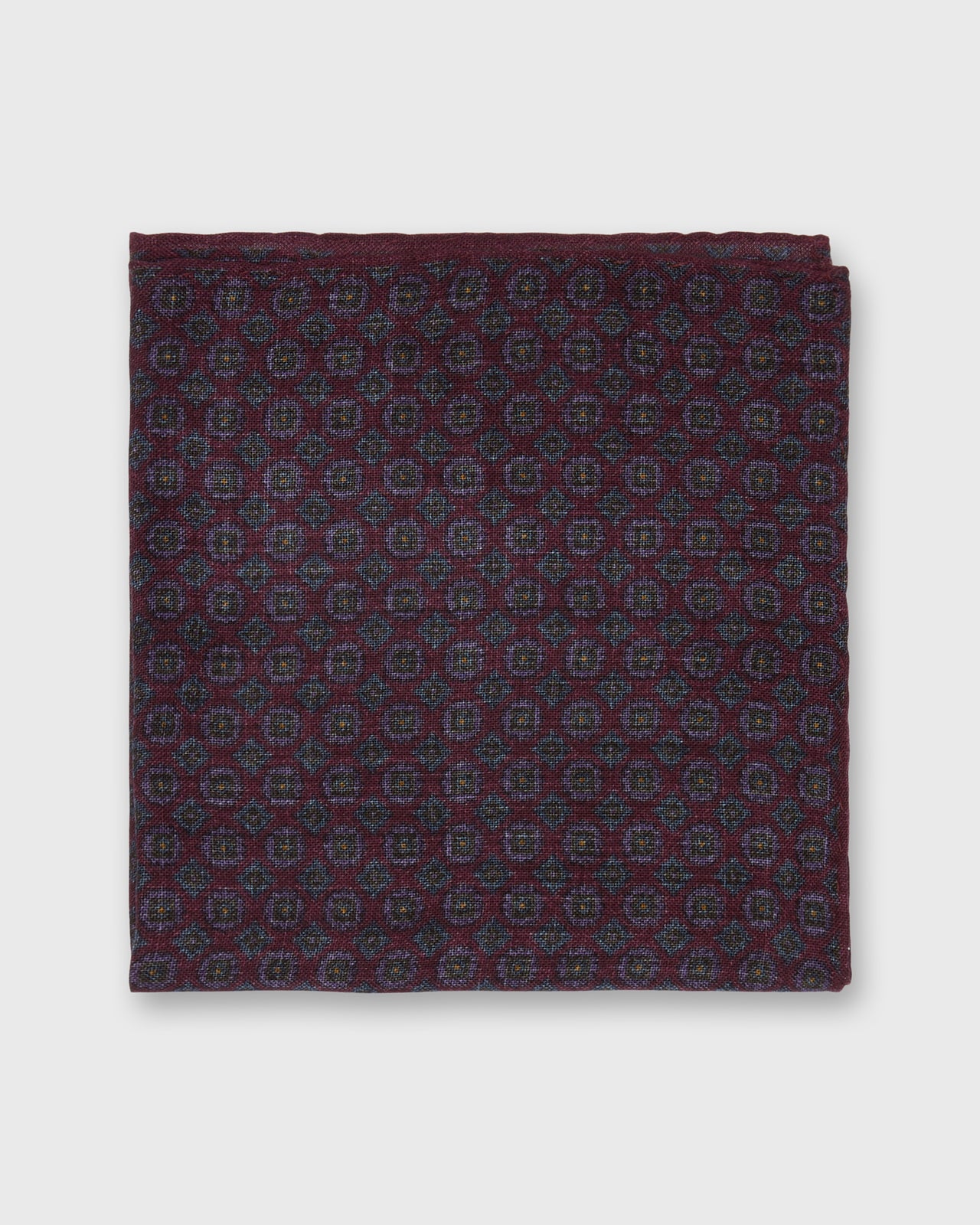 Hand-Rolled Wool/Silk Pocket Square in Berry/Navy/Purple Foulard