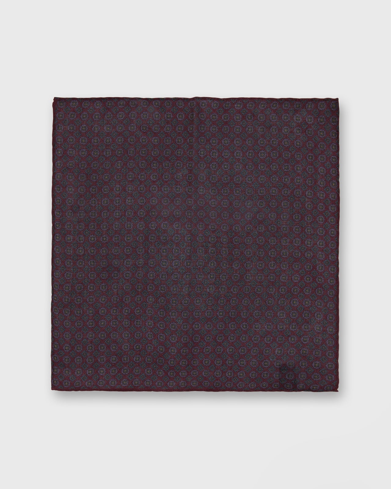 Hand-Rolled Wool/Silk Pocket Square in Berry/Navy/Purple Foulard