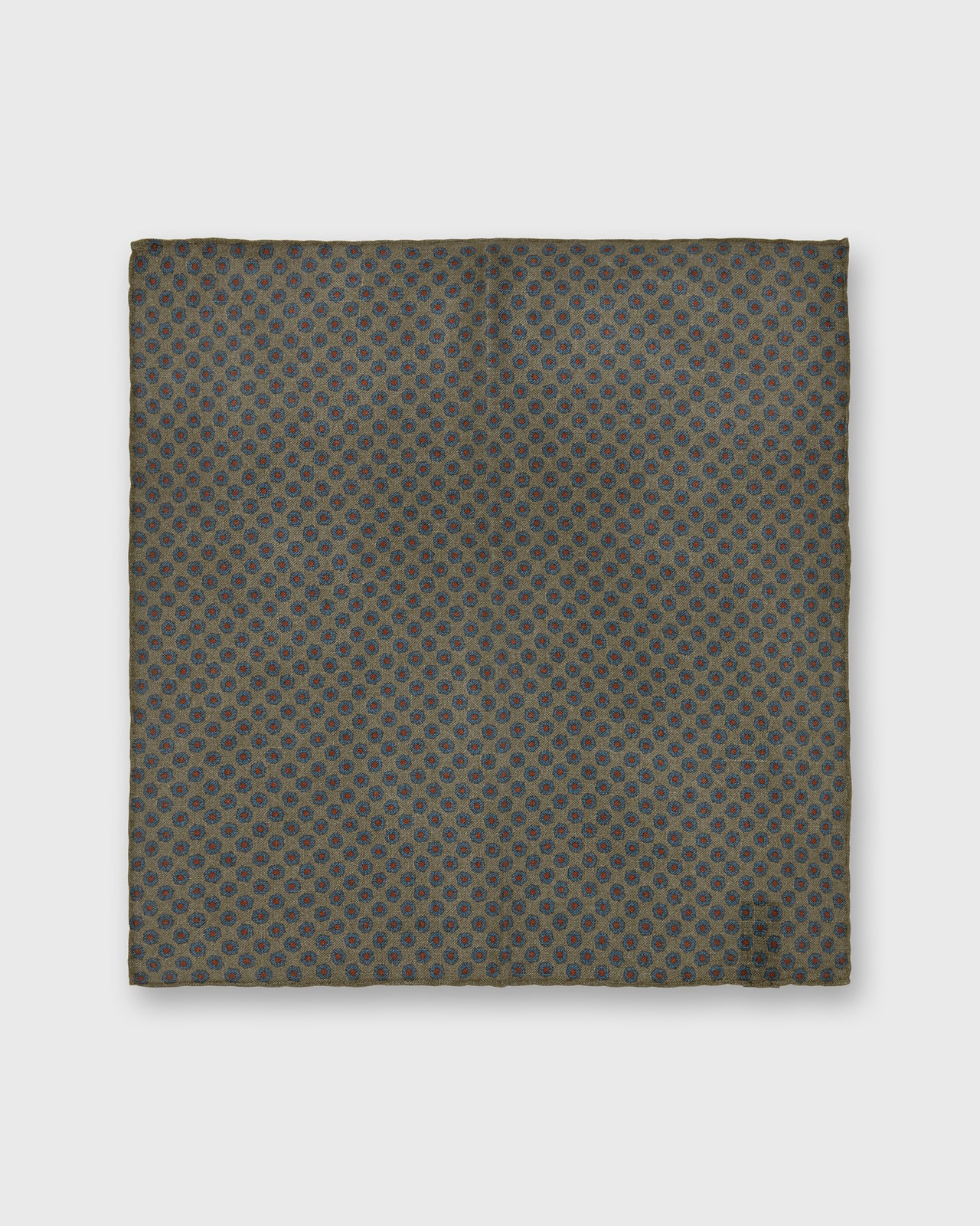 Hand-Rolled Wool/Silk Pocket Square in Stone/Blue/Red Flower