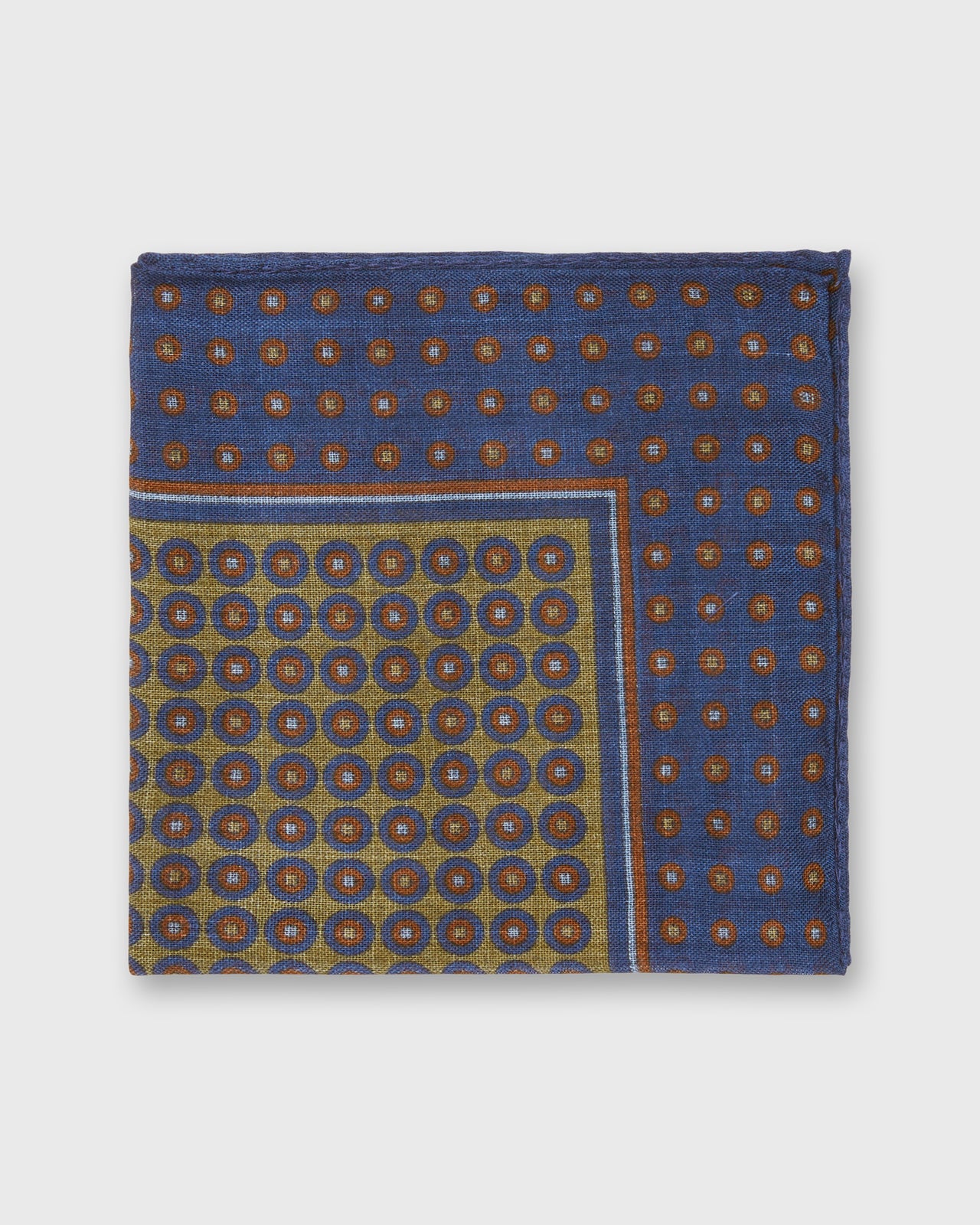 Hand-Rolled Wool/Silk Pocket Square in Blue/Stone Medallion