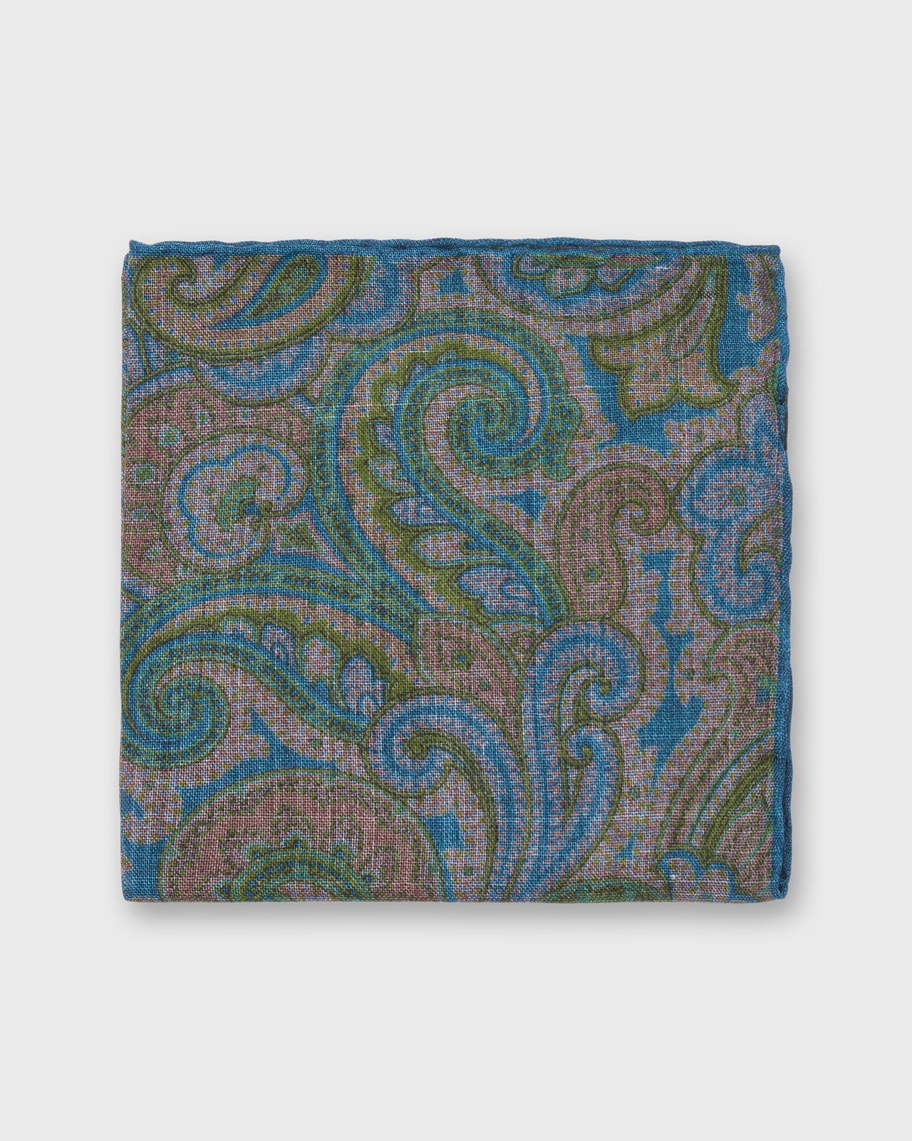 Hand-Rolled Wool/Silk Pocket Square in Lovat/Navy Paisley